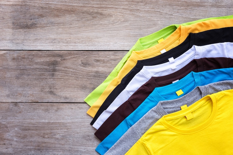 top view color t shirt grey wood plank background 30478 1351